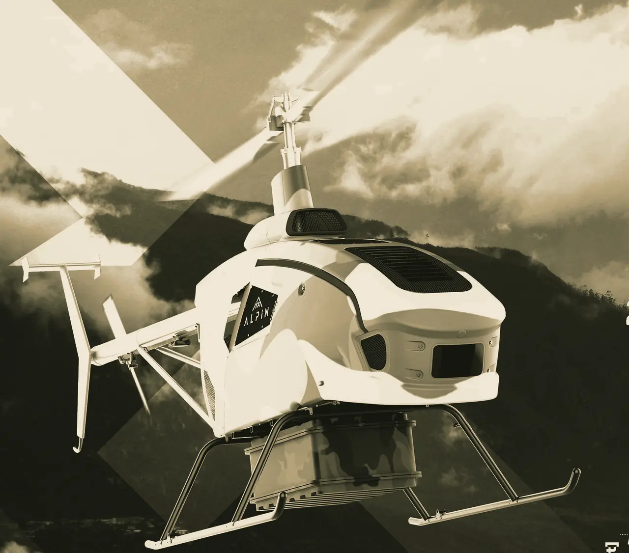 ALPİN 2 unmanned helicopter in flight over mountains
