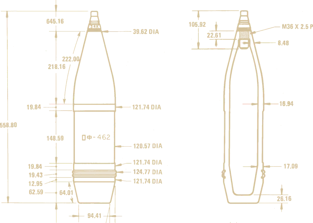 Technical drawing of a 122 mm OF-462 high-explosive shell